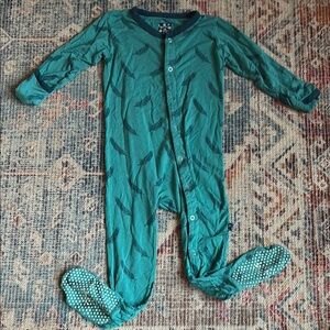 Kickee Pants Teal Feather Print snap footies